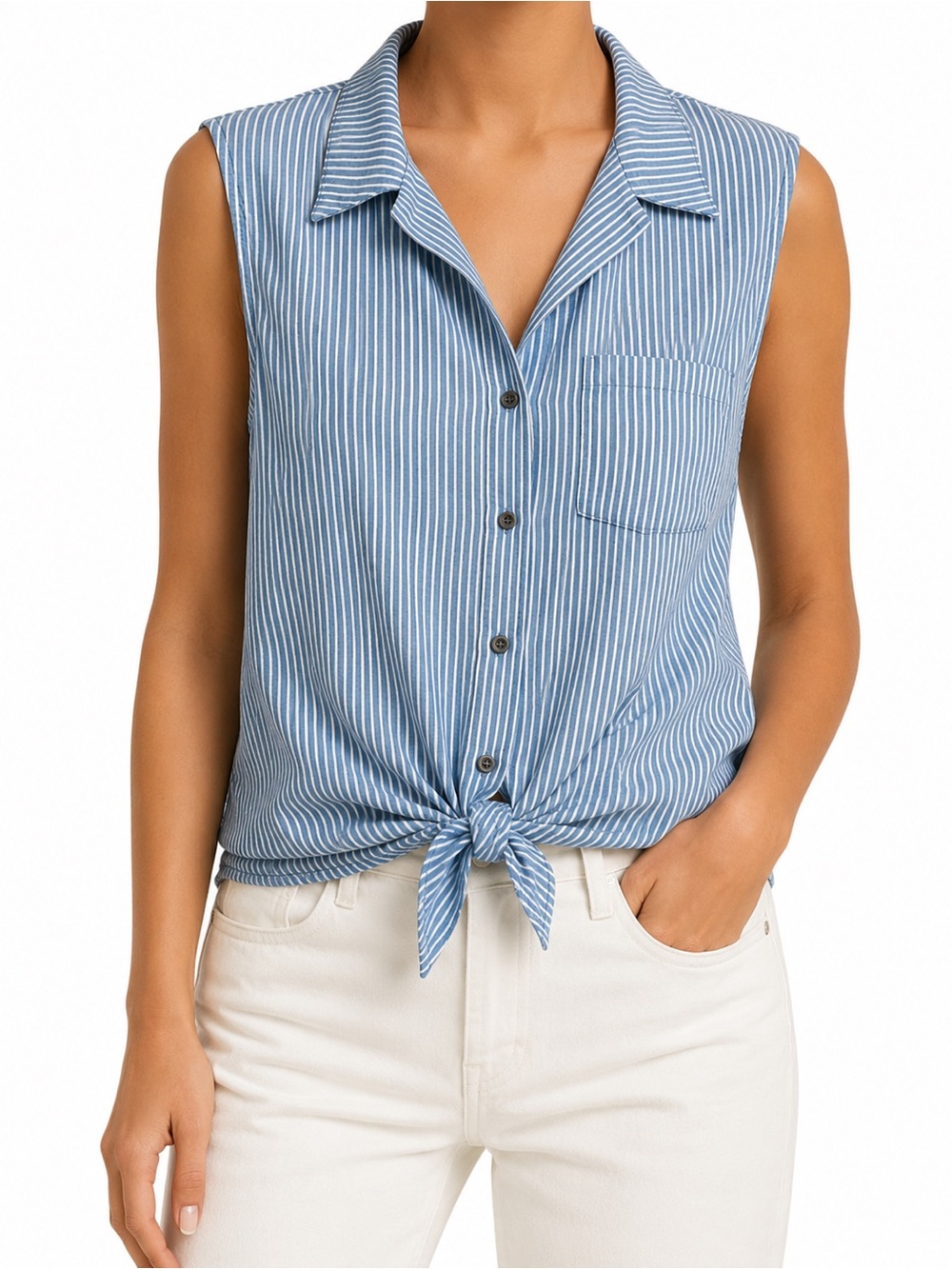 Love Culture Blue & White Striped Tie-Hem Sleeveless Button-Down Top